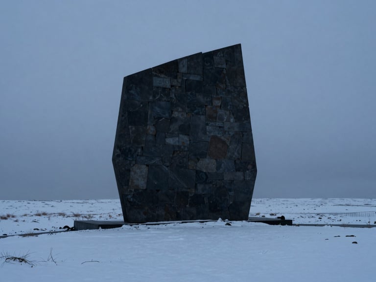 A single dark monolithic stone structure rising from a snowy landscape, stark contrast, cold diffused daylight, minimalist composition.