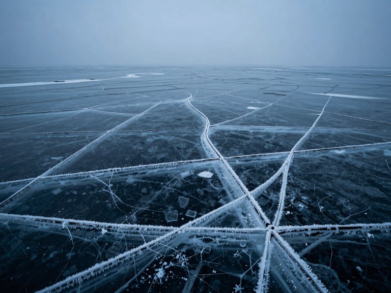 Cinematic wide-angle view of frozen ocean waves cracked with geometric precision, frosted textures, desaturated deep blue tones.