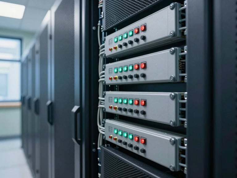 Close-up of a medical records server rack in a hospital data center corridor, cool daylight from high windows, precision cabling and status indicators in focus, shallow depth of field, no patients or staff