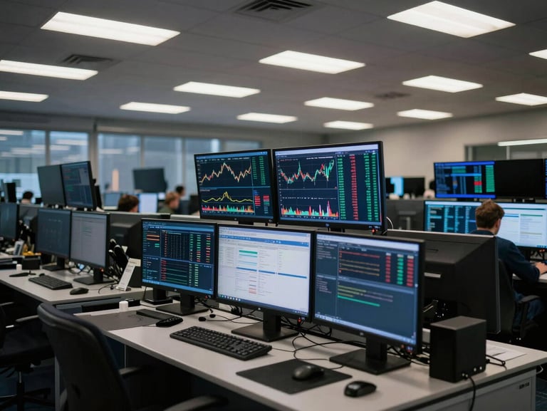 Wide shot of a trading floor terminal cluster at dawn, cool overhead fluorescent light isolating dark screens displaying financial data, shallow depth of field, no people visible, institutional precision
