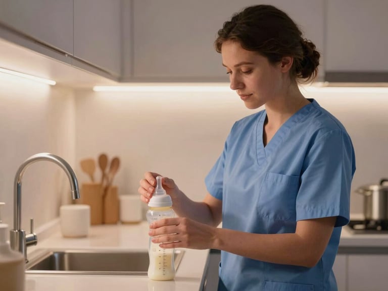 A certified caregiver preparing a bottle in a clean, modern kitchen under soft morning light, organized and calm, 35mm