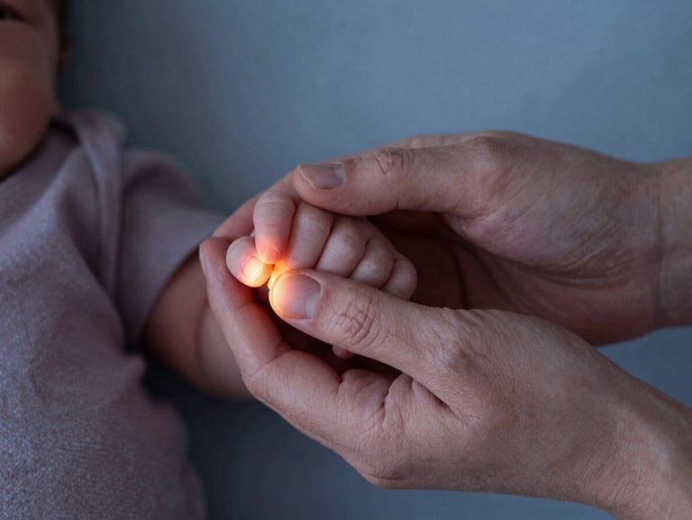 Close-up of an older sibling gently holding a newborn's tiny hand, soft warm lamp light, shallow depth of field, 35mm