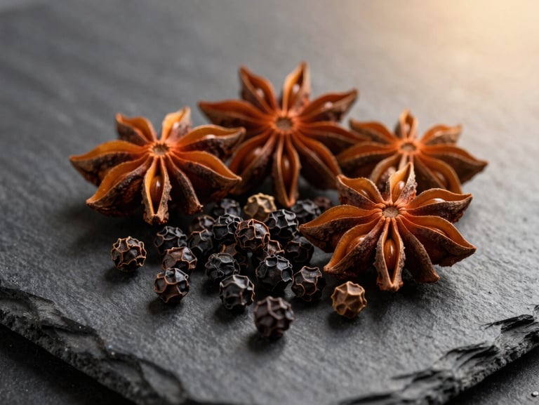 Macro studio photograph of whole premium spices including black peppercorns and star anise on a dark textured slate surface, dramatic golden-hour side lighting