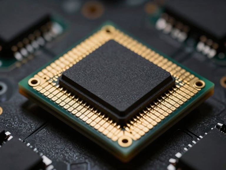 Macro studio photograph of an advanced IGBT semiconductor module, low-key dramatic lighting, gold contact pins reflecting light, dark technical background