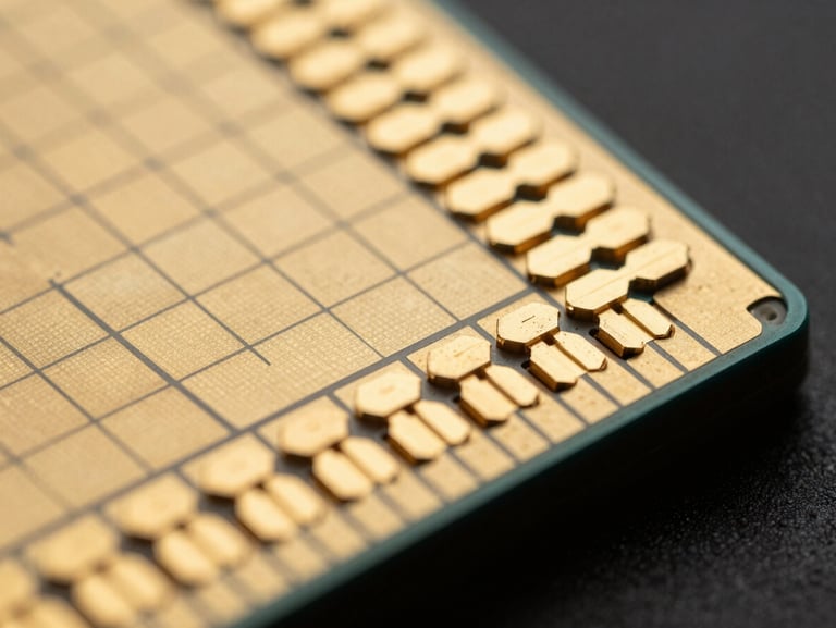 Extreme close-up macro shot of gold-plated silicon wafer contacts, high contrast, dramatic studio lighting, dark background.
