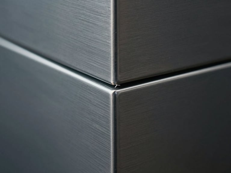 Extreme close-up of brushed steel panels joined by a razor-thin silver seam, cool-toned low-key lighting.