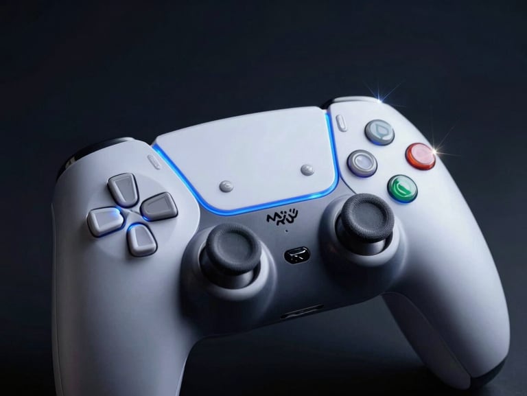 Dark high-contrast close-up of a gaming controller illuminated by sharp electric blue neon rim light, metallic silver details, cinematic anamorphic lens flare.