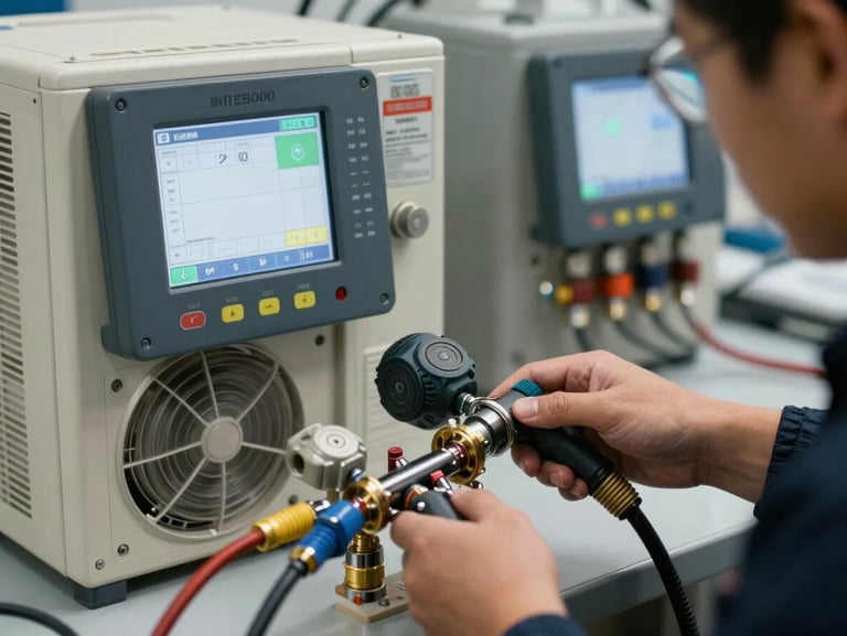 Técnico de refrigeração uniformizado utilizando manifold digital para medir pressão de gás refrigerante inverter, foco nas conexões limpas e organizadas.