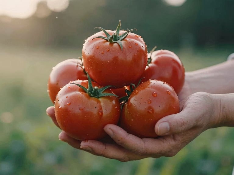 Hands with soil under fingernails holding freshly harvested heirloom tomatoes at sunrise, soft morning light, 35mm