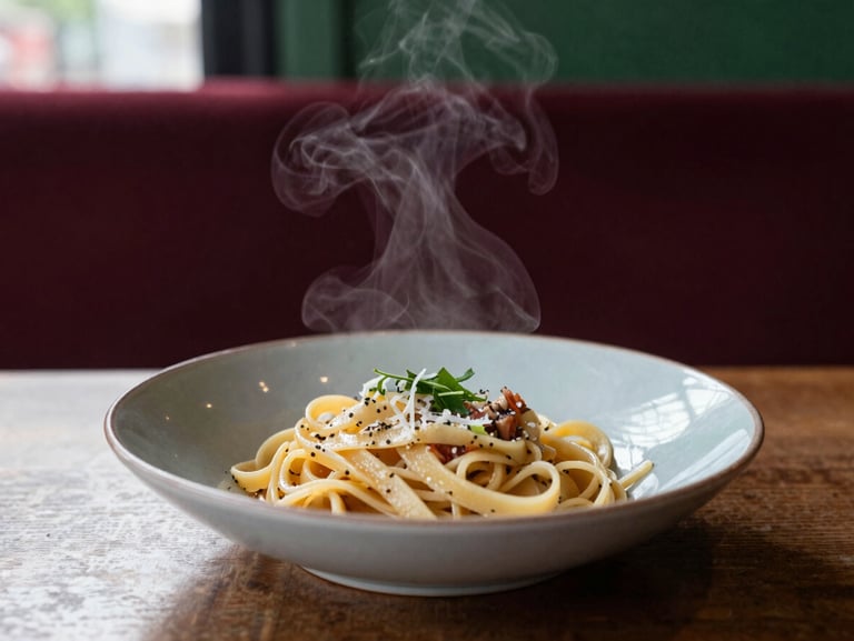 A moody, close-up shot of a rustic restaurant table, steam rising from a bowl of handmade pasta, natural Scandinavian daylight, 35mm