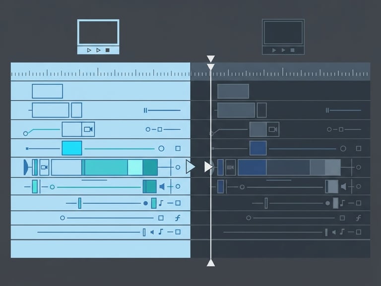 Flat vector illustration of two video editing timelines side-by-side, one in light blue and one in dark slate, clean geometric shapes, modern tech aesthetic, minimalist.