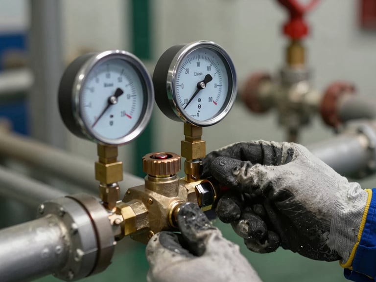 Close-up of a pressure gauge and valve assembly on a fire suppression pipe manifold being tested, an engineer's gloved hand holding a calibration instrument against the fitting, industrial pipe rack in sharp background focus