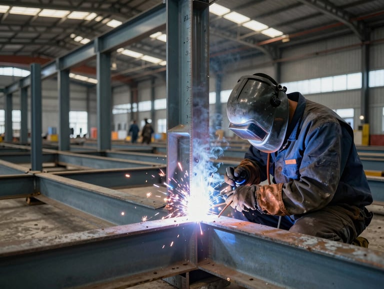 Wide industrial shot of welders working on a structural steel frame inside a warehouse under construction, arc flash illuminating the joint connection, heavy-gauge I-beams visible in the background with measurement markings