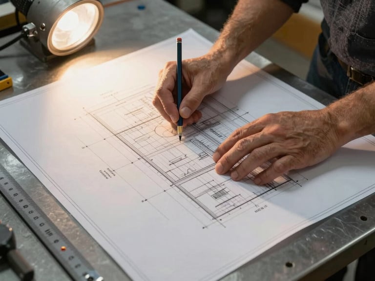 Close overhead shot of an engineer's hands spreading large-format technical drawings across a steel worktable, a measuring scale and pencil visible, warm tungsten workshop light raking across the paper surface revealing dimension annotations