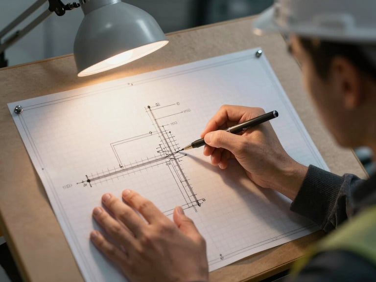 Tight framing of a structural engineer marking load calculations on a CAD drawing pinned to a drafting board, sidelit by a single workshop lamp casting sharp shadows across the blueprint grid lines