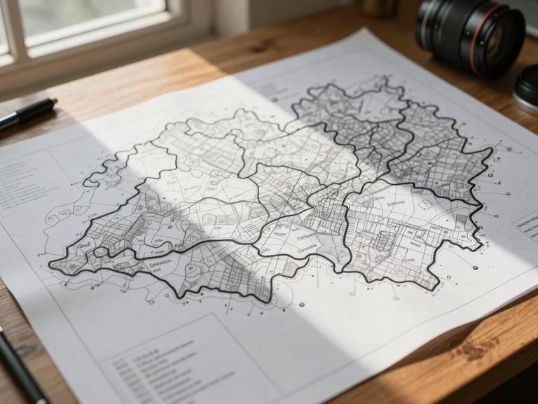 Close-up of a hand-drawn territorial map spread on a wooden table, pencil annotations marking boundary lines, natural daylight from a window casting soft shadows, documentation tools visible at the edge