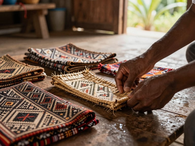 Hands arranging woven Papuan textile goods on a low wooden surface inside a community structure, natural daylight from an open doorway, earth tones and geometric patterns visible, no faces shown