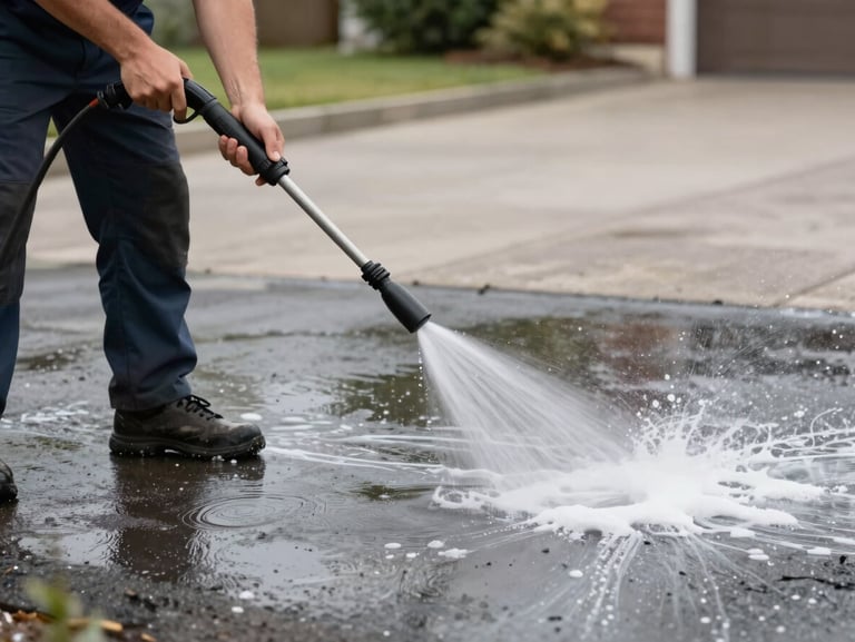 Action shot of a professional technician using a low-pressure soft-wash wand on a driveway, soft white foam spraying onto the surface, crisp daylight.
