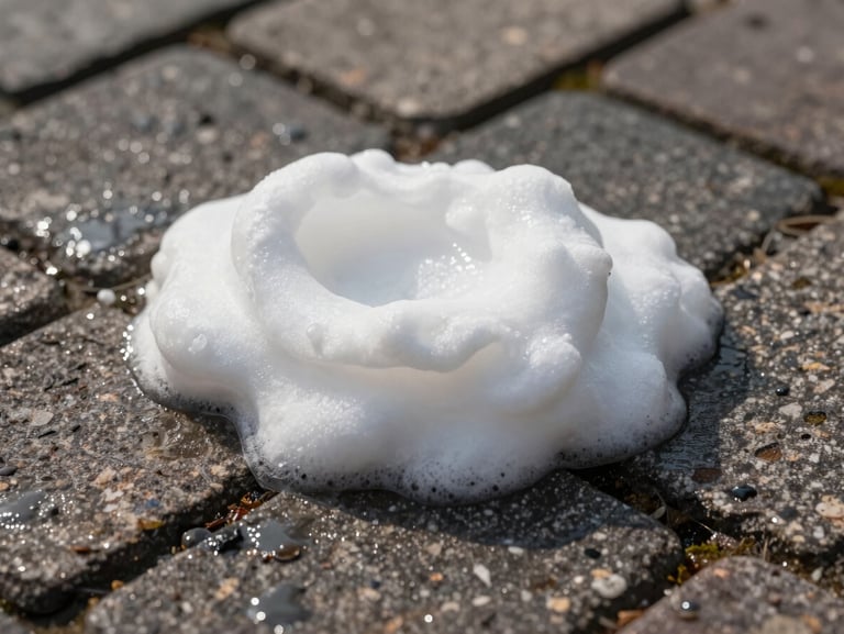 Close-up of thick white cleaning foam clinging to weathered block paving stones, daylight highlighting the wet texture.