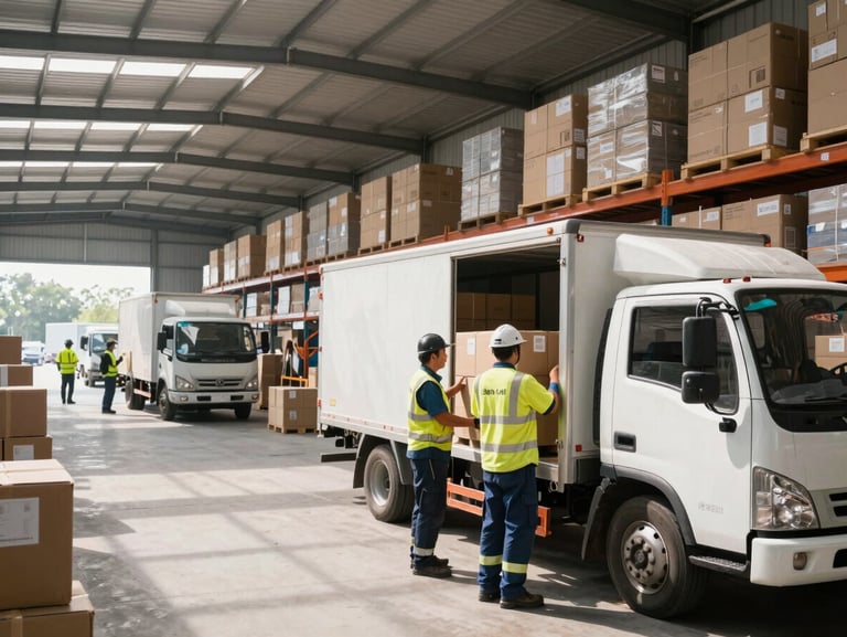 Interior of an active logistics warehouse in East Java, high-visibility uniformed workers loading boxes onto a delivery truck in bright morning daylight, industrial scale.