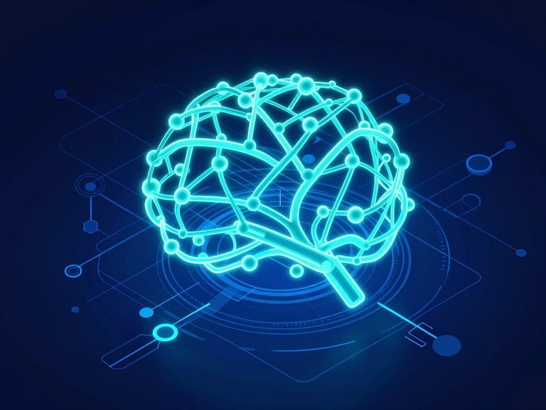 Isometric technical schematic of a glowing neural network in neon teal and deep blue, high-contrast digital workspace