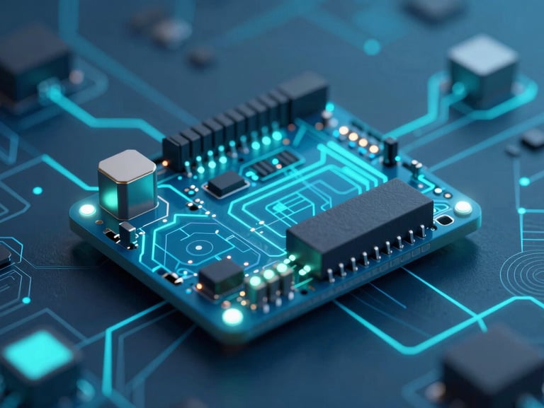 Macro shot of physical computing hardware with glowing LEDs on an Arduino board, cool ambient backlighting