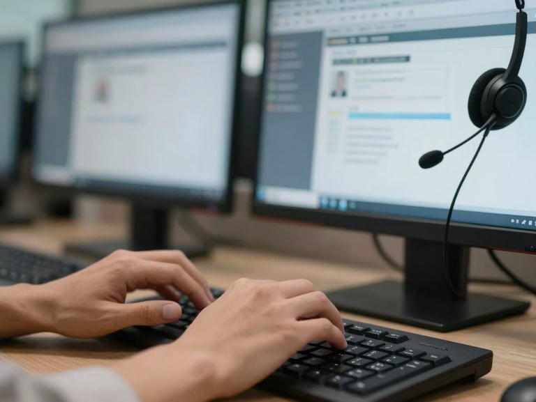 Close-up of a call center agent's hands on a keyboard, headset visible, monitor in background displaying a customer account screen, soft fluorescent fill light replicating real call center conditions, sharp focus on hands mid-task