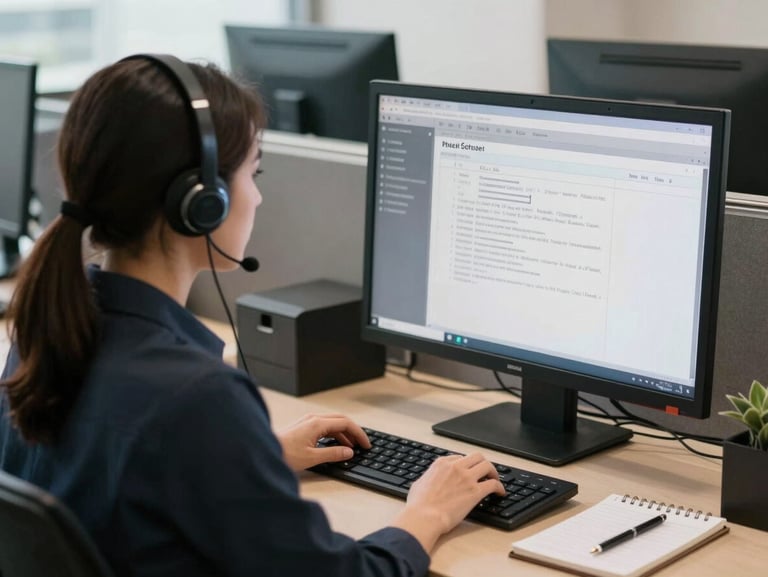 Medium environmental shot of a call center agent reviewing an order processing screen, notepad beside keyboard, calm concentration, office daylight filtering across the workspace, organized and professional setting
