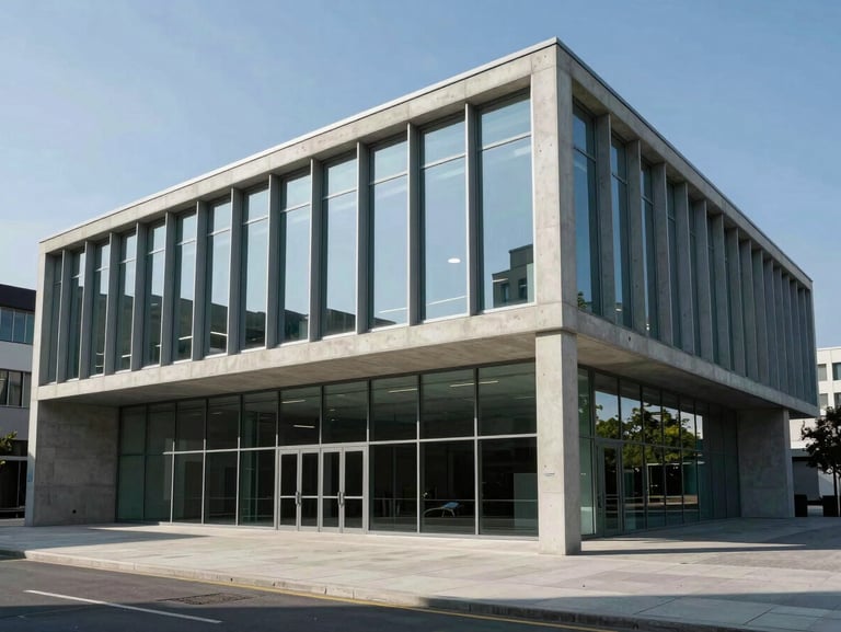 Architectural medium shot of a modern glass office pavilion with strong linear shadows, clean concrete surfaces, and structured geometric frames under bright daylight.