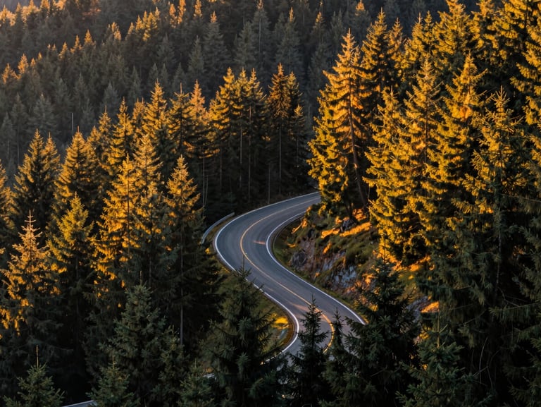 Atmospheric shot of the Black Forest, a winding road enveloped by dense, tall pine trees with golden morning light filtering through.