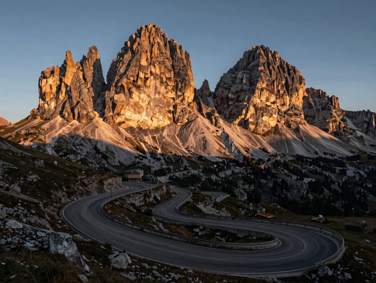 Dramatic wide-angle shot of the Dolomites, towering jagged limestone peaks casting long shadows over a perfectly paved hairpin turn.