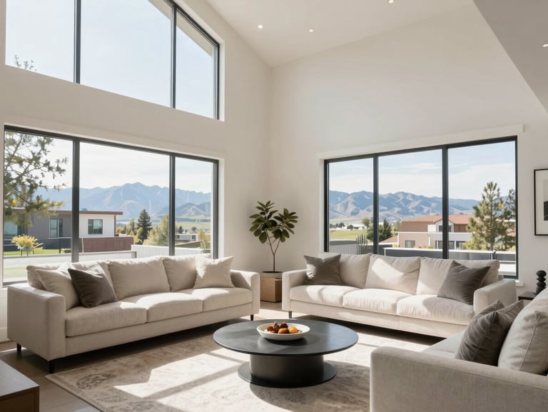 Bright modern living room interior with high ceilings, large windows letting in natural daylight, clean minimalist furniture, 35mm.