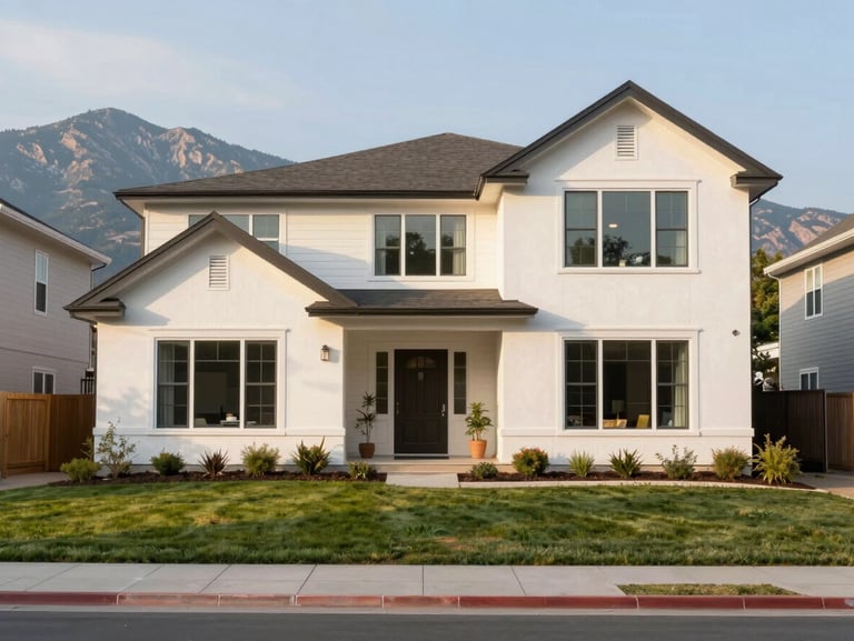 A clean modern suburban house exterior with manicured lawn, soft golden hour lighting, architectural focus, 35mm.