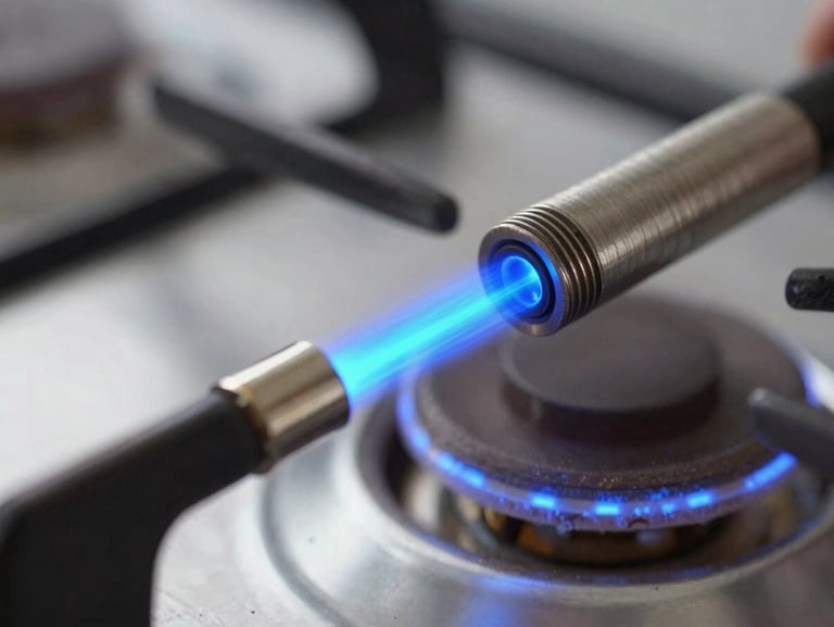 Close-up of a gas stove igniter spark electrode glowing blue under bright workshop lighting