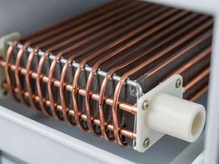 Macro close-up of a refrigerator copper condenser coil, bright utility lighting, clean focus on technical components