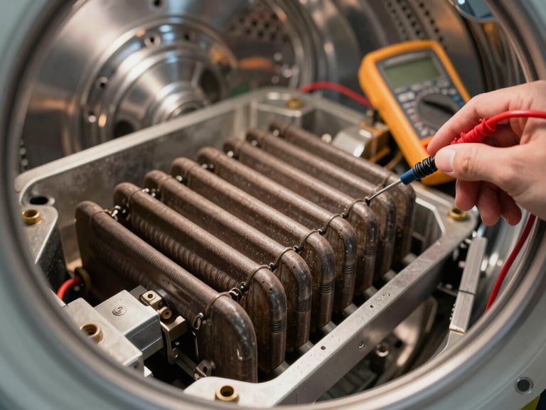 Close-up of a dryer heating element assembly with a multi-meter testing a thermal fuse, bright utility lighting