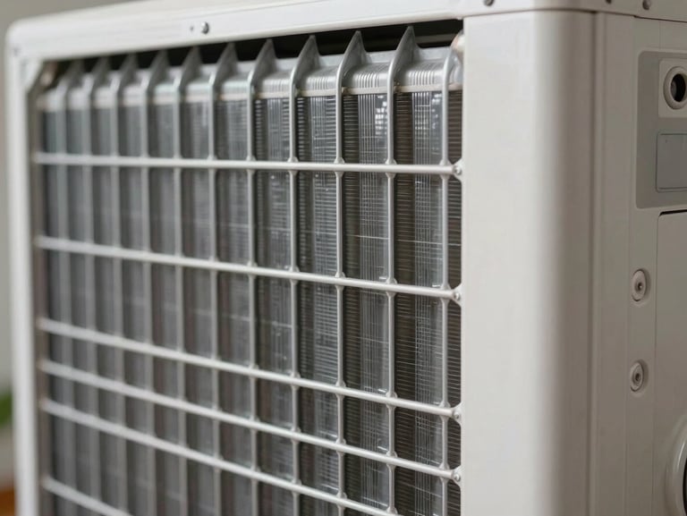 Close-up of clean aluminum evaporator coils on a room air conditioner, bright utility lighting