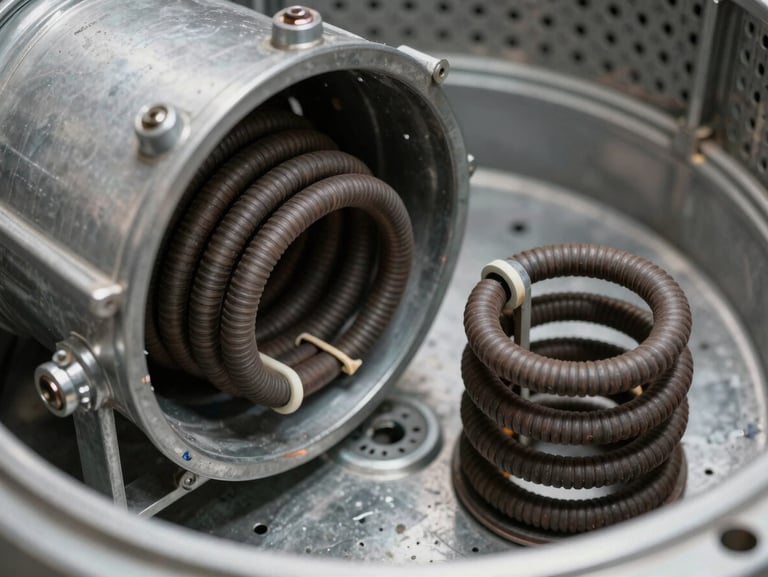 Close-up of a broken coiled heating element inside a metal dryer duct assembly next to an intact replacement coil, high clarity utility lighting.