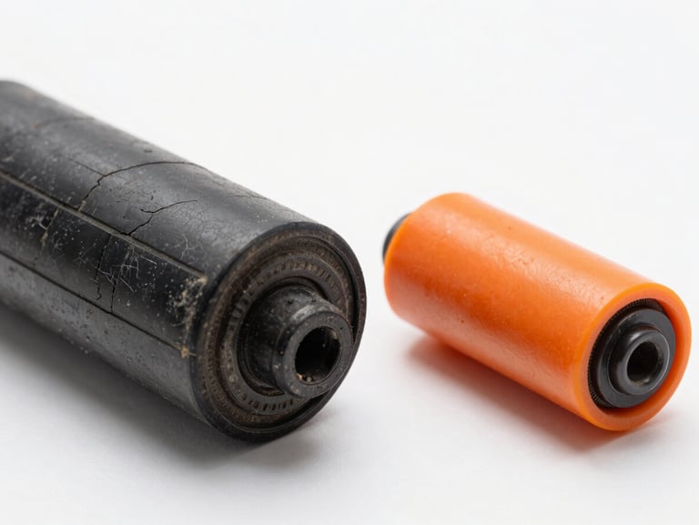 Side-by-side comparison of a heavily worn, cracked black rubber dryer drum roller next to a brand new clean orange OEM roller, bright technical lighting.