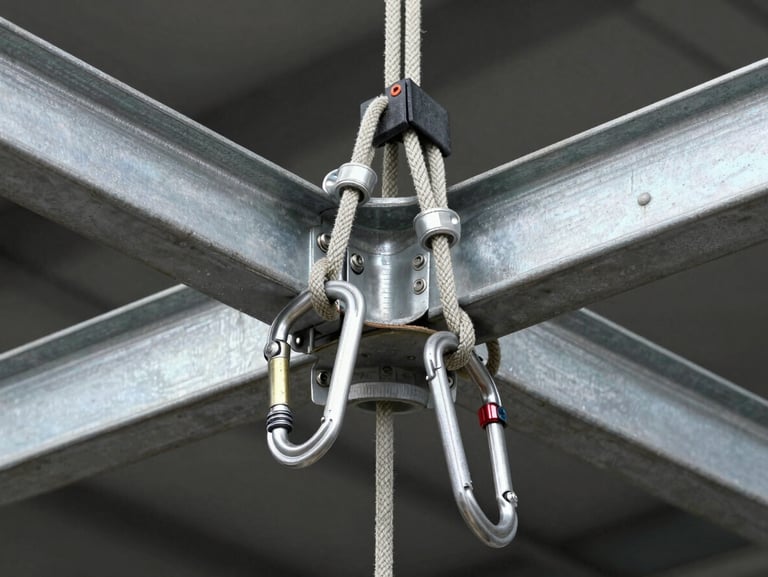 Close-up overhead framing of a rope access anchor point on a steel beam, double carabiners locked and loaded, kermantle rope running taut across the frame, studio-bright industrial lighting revealing texture of every component, no human visible — only the rigging hardware in precise detail