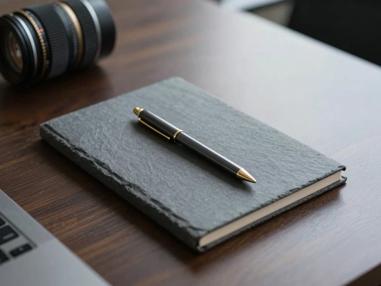 Macro details of high-end slate gray stationery on a dark wooden executive boardroom table, soft cool daylight