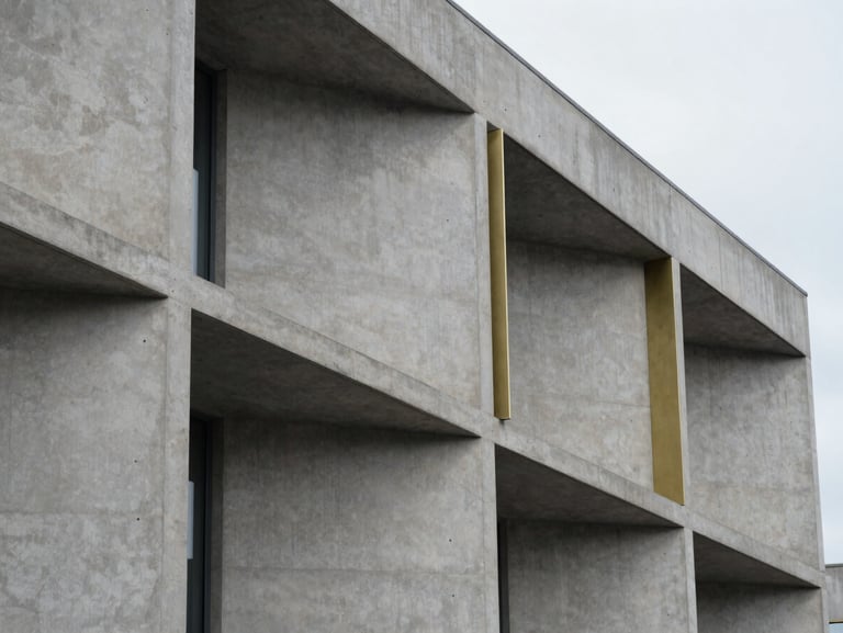 Sober architectural photography of modern concrete building facade, sharp geometric shadows, cool diffused overcast daylight, 35mm lens