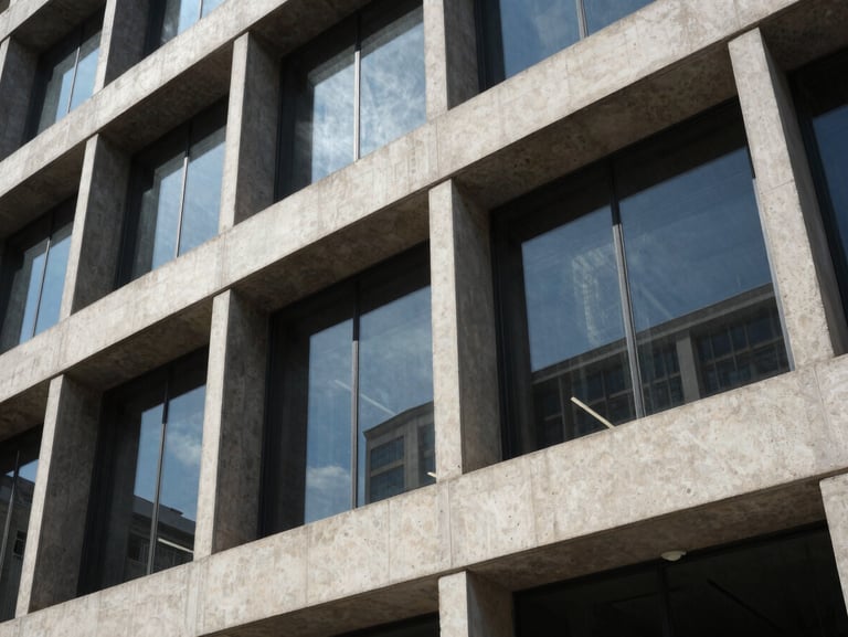 Architectural detail of a modern corporate building facade in San Pedro Garza García, sharp concrete lines and glass reflections under bright daylight.