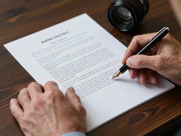 Close-up of senior hands reviewing a physical legal document with a fountain pen on a dark wooden desk, focused lighting.