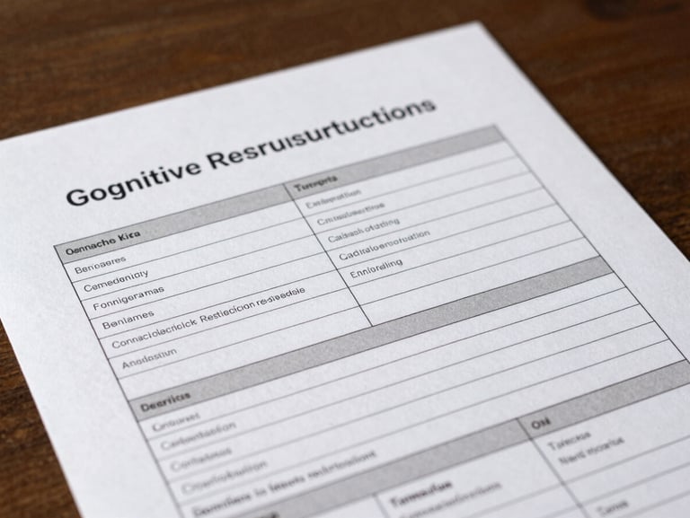 A clean, modern printed manual on cognitive restructuring techniques, showing structured tables and clinical worksheets under warm diffused light.