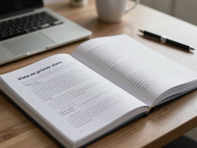 Vista en primer plano de un manual clínico de diagnóstico abierto junto a un cuaderno con anotaciones estructuradas a mano, iluminación natural suave de oficina, enfoque nítido en el texto.