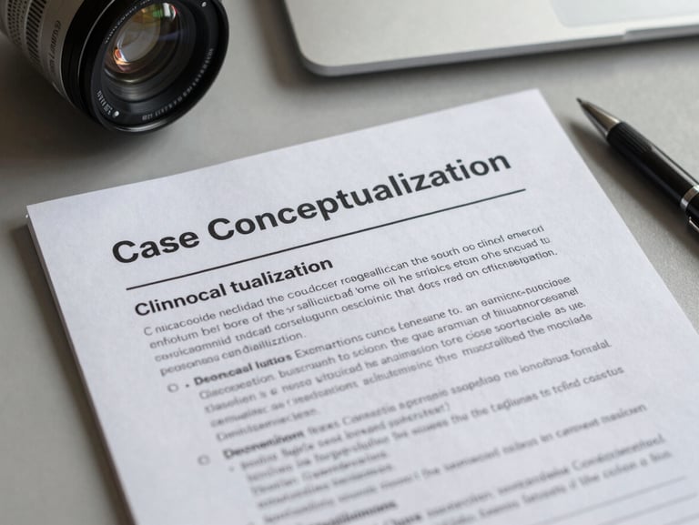 Close-up of a printed clinical guide titled Case Conceptualization, lying on a minimalist desk with a pen, clean academic design.