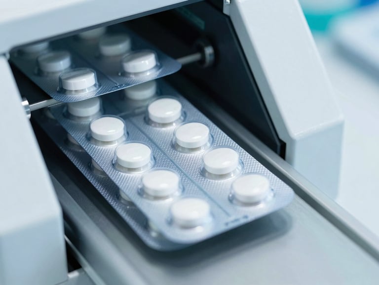 Macro shot of pharmaceutical blister packs passing through an automated quality control scanner, bright cool-toned clinical lighting, sterile teal highlights, sharp focus