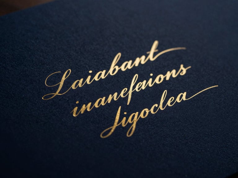 Elegant gold-embossed certificate with fine calligraphy resting on a dark navy textured surface, low-key moody studio lighting with sharp gold highlights, macro lens, sharp focus