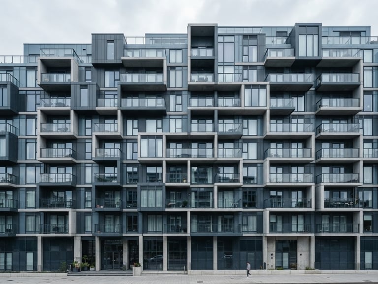 Crisp architectural photography of a modern apartment building facade, sharp geometric lines, cool desaturated blue tones, bright overcast daylight.